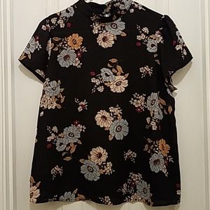 Floral black, blue, burgundy and tan Top